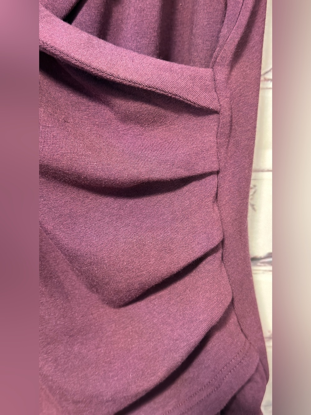 OGLmove Eco Mousse Collared Surplice Faux Wrap Ruched Waist Long Sleeve Dark Fig - Picture 7 of 11